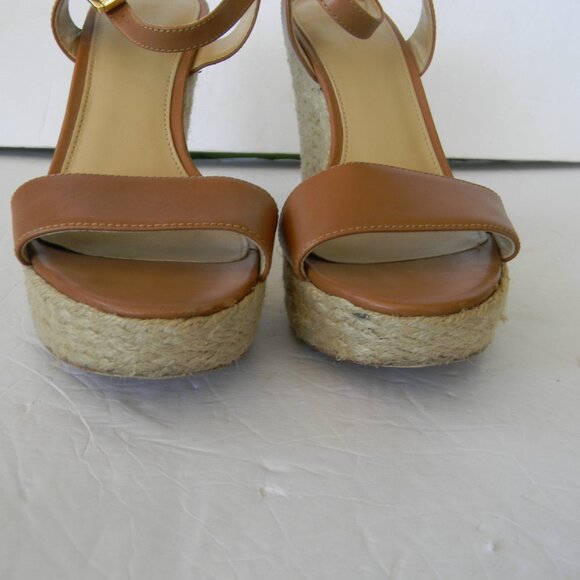 MICHAEL KORS JILL NATURAL TAN LEATHER ANKLE STRAP WEGE ESPADRILLE HEELS SZ 7M - Picture 2 of 6